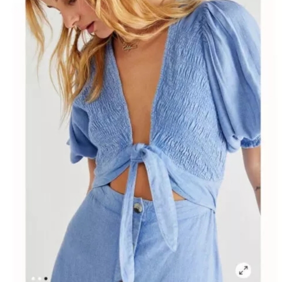 Free People String of Hearts Smocked V-neck Cut-out Button-Down Maxi Dre… - Picture 3 of 14